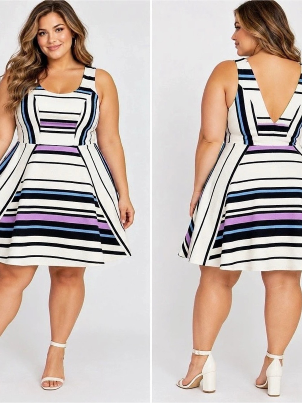 Fashion to Figure Striped A-Line Mini Dress in White & Black Size 2X Like New